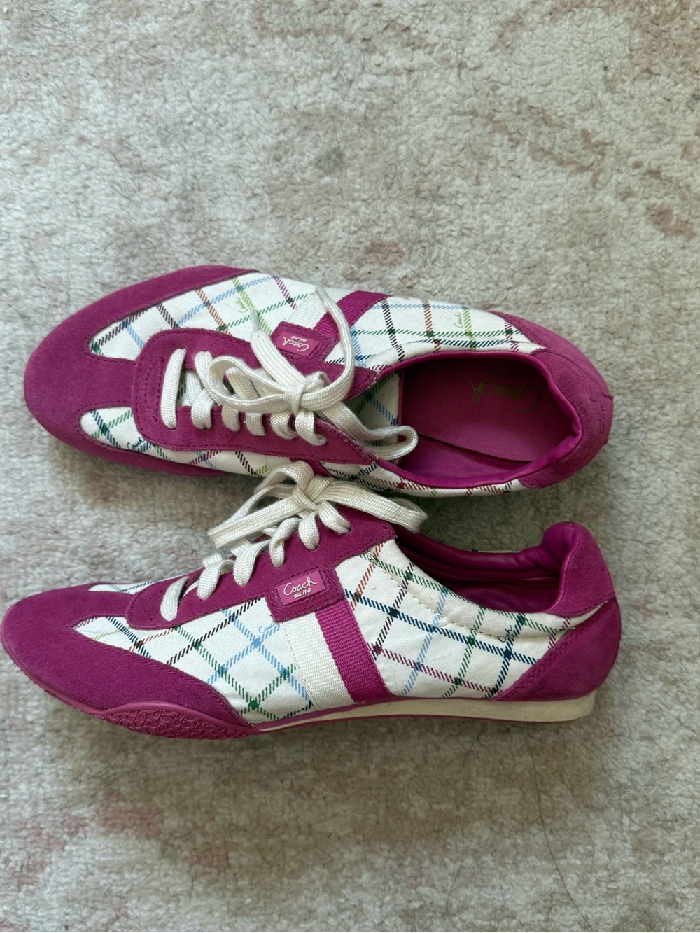 Vintage Y2K Coach Women's Pink Plaid Lace-Up Sneakers